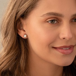 Peora Created White Opal Stud Earrings 925 Sterling Silver, Hypoallergenic Gallery Solitaire, 1.50 Carats total, Round Shape, Friction Backs, October Birthstone Earrings, Dainty, Iridescent Earrings