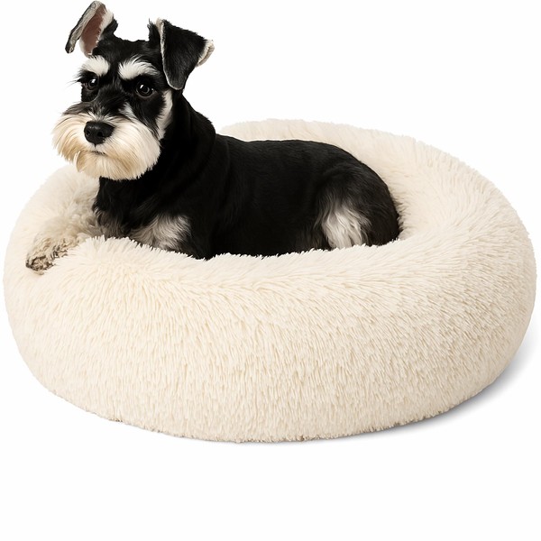 SEOUGEE Calming Donut Dog Bed, Fluffy Plush Round Cat Bed,