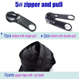 Zipper by The Yard #5 Black 10 Yards Zipper Repair Kit Zipper Roll for Sewing Nylon Coil with 17pcs Zipper Sliders 2 Double Zipper Pull for Upholstery Sewing (black 10 Yards)