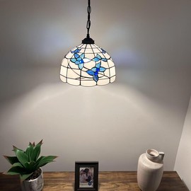 enjoy decor lamps Tiffany Pendant Lighting White Stained Glass Blue Flowers Hanging Lamp LED Bulb Included for Dining Room Island Kitchen Living Room 12”W*12”D*60”H