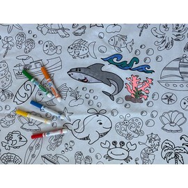 The Coloring Table – Oceantime Fun Design – XL Rectangle Tablecloth - Fabric Coloring Tablecloth - Colorable Designs – Washable and Reusable – Coloring Activity for Children and Adults