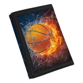 TOADDMOS Fire Water Basketball Print Kids Wallet for Boys Girls Teens Trifold Canvas Wallet for Men with Cash Pocket and Card Holders