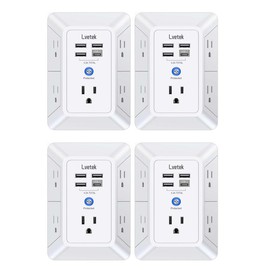 Lvetek USB Wall Charger Surge Protector，LVETEK 5 Outlet Extender with 4 USB Ports (1 USB C Outlet) 3 Sided 1680J Power Strip Multi Plug Outlets Wall Adapter Spaced for Home Travel Office ETL Listed,Fireproof Shell - Pack: Buy 1 Get 4
