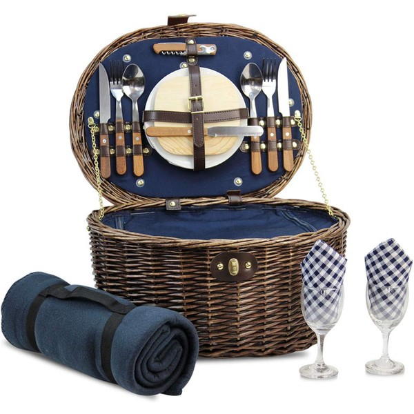 Unique Willow Picnic Basket for 2 Persons, Natural Wicker Picnic