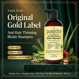 PURA D'OR Original Gold Label Anti-Thinning Shampoo Clinically Tested, Infused with Argan Oil, Biotin & Natural Ingredients, Sulfate Free, All Hair Types, Men and Women, 16 Fl Oz (Packaging may vary)