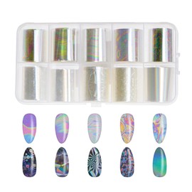 ECSiNG 10 Rolls Set Manicure Holographic Nail Foil Transfer Foil Glossy Sticker Decals Nail Art DIY Decoration White Pearl Colour Style A