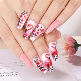 24 Pcs Pink Press on Nails Medium Square - WLGDLH Coffin Fake Nails White False Nails with Flamingo Flowers Design Glossy Nail Tips Full Cover Acrylic Glue on Nails for Women
