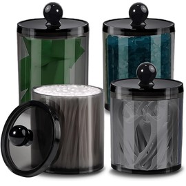 AIMIXUN 4 Stk Wattestäbchen Behälter Set, Organizer Wattepads Schwarz, Kosmetik Organizer, Transparent Schwarz Dispenser Apothecary Jars Bathroom Set für Runde Wattepads, Zahnseide, Haarspangen