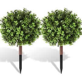 Pertivery 2 Pack Artificial Boxwood Topiary Bush ，23.6Inch UV Resistant Artificial Topiary Ball，with Ground Spikes,Indoor Outdoor Potted Plants for Porch, Garden, Front Door Decor