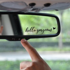 2 x Hello Gorgeous Rearview Mirror Decal with Heart, Tumbler Stickers, Travel Mug Holography Sticker, Rearview Mirror Sticker, Affirmation Sticker (Black)