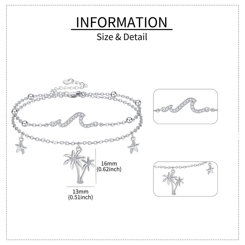 Wave Anklet Sterling Silver Palm Tree Starfish Layered Ocean Beach