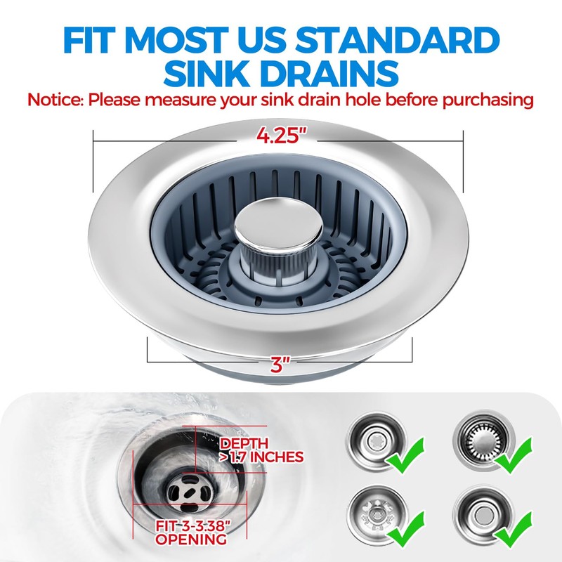Upgraded 2Pack 3in1 Kitchen Sink Drain Strainer & Sink Stopper,