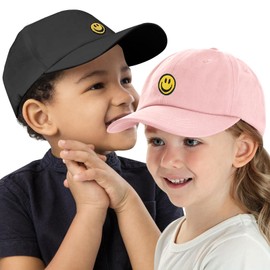 Cooltto Toddler Baseball Hats for Boy & Girls 2 Pack, with Smile Face Pattern & Soft Cotton Sweat Band Mesh Washed Funny Hats Adjustable Cute Caps for Age 3-12 in Summer (Black+Pink)