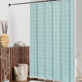 MitoVilla Teal Blue 36 x 72 Boho Small Stall Shower Curtain, Turquoise Narrow Cotton Linen Fabric Shower Curtains for Farmhouse Bathroom Decor, Half Size Cloth Shower Curtain Set with Hooks