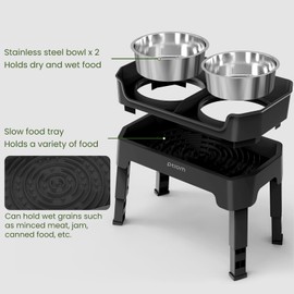 KPWACD 3-in-1 Elevated Dog Bowls Mess Proof Raised Slow Feeder Dog Bowls, 4 Height Adjustable Stand Licking Plate with 2 56oz Stainless Steel Doggy Food Dish for Small Medium Large Pets