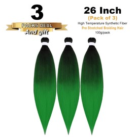 TENGSHUO FLY Pre-Stretched Braiding Hair 26 Inch 3 Packs Hot Water Setting Synthetic Hair Crochet Braiding Hair Extension (26 Inch (Pack of 3), Black to Green)