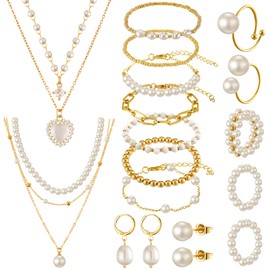 Tondiamo 17 Pcs Gold Pearl Rhinestone Jewelry Set for Women Gold Plated Pearl Layer Charm Necklace Bracelets Earrings Rings Trendy Jewelry Set for Women Spring Wedding Gifts