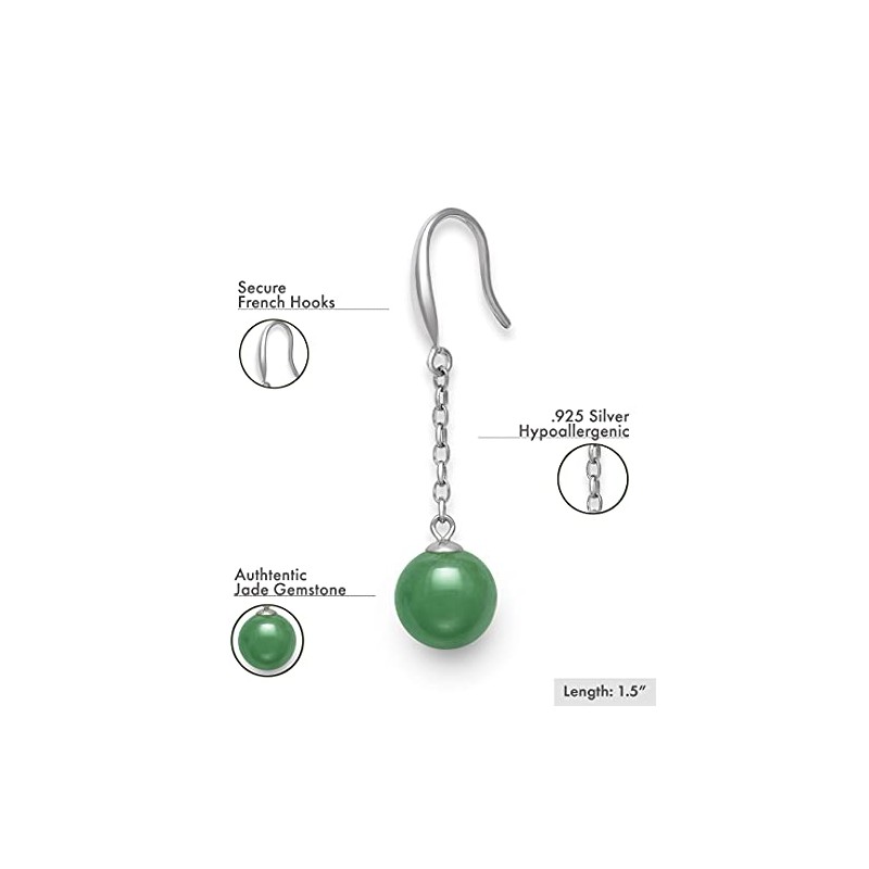 Sterling Silver Natural Jade Linear Drop Hook Earrings