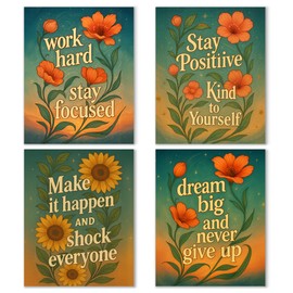 Aychlithic Retro Inspirational Wall Poster Set - Vintage Flora Motivational Office Wall Decor, Positive Affirmations Wall Decor Poster Prints for Office Dorm 8x10 Inch, Set of 4, Unframed