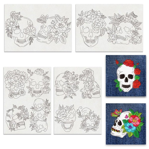 BENECREAT 4Sheets A4 Water Soluble Stabilizers, Skull Flowers Combo Embroidery