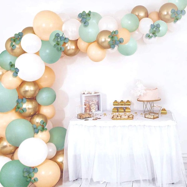 Sweet Baby Co. Sage Green Balloon Garland Arch Kit with Eucalyptus Olive, Peach, White, Gold Balloons and Greenery for Forest Safari Jungle Tropical Theme Decorations Baby Bridal Shower Birthday Party