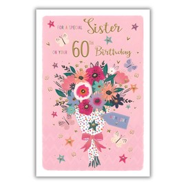 IC&G Sister 60th Birthday Card - Happy Birthday Card Age 60 with Floral Bouquet and Butterflies Design with Embossed Foil Details - Birthday Card for Women