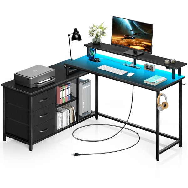 Seventable L Shaped Computer Desk with Drawers, Reversible Gaming Desk with LED Lights & Charging Port, Corner Desk with Storage Shelves & Monitor Stand for Home Office Black
