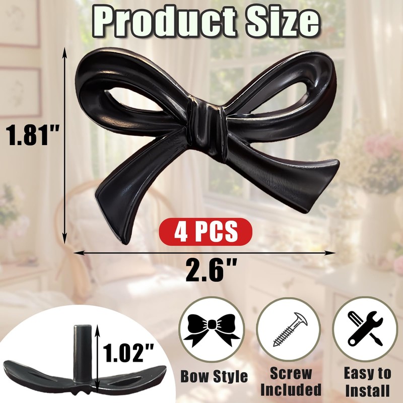 4 Pcs Black Bow Cabinet Knobs Vintage Bow Shape Cabinets