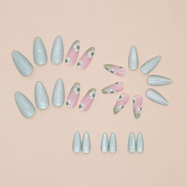 RikView Almond Press on Nails Medium Fake Nails Green Nails with Flowers Design Glossy Full Cover Nails for Women 24 PCS