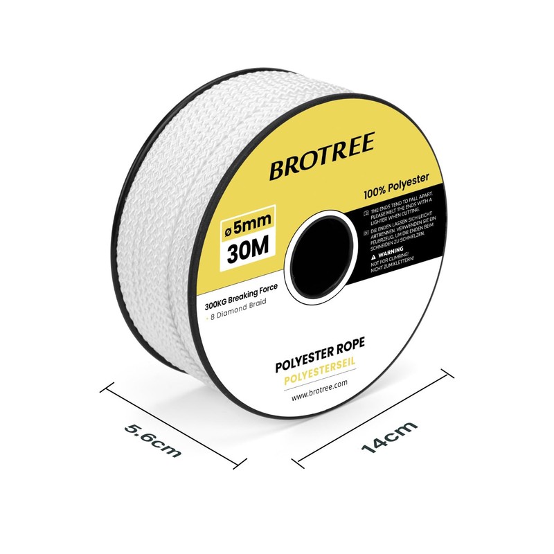 Brotree Polyester Rope 5mm x 30m White - Diamond Braided