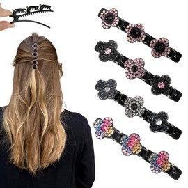 4pcs 2025 New Sparkling Crystal Stone Braided Hair Clips for Women With Rhinestones, Shiny Elegant Braided Hair Clips Accessories for Easily Quick Change of Look Styling Sectioning(Four Leaf)