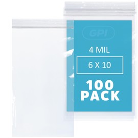 GPI - 100 Count 6" X 10" Zip Bags, Heavy-Duty 4 Mil Thick, Clear Reclosable Zipper Poly Baggies With Resealable Zip Top Lock For Storage & Packaging, Food, Tools, Sharp Objects, etc.