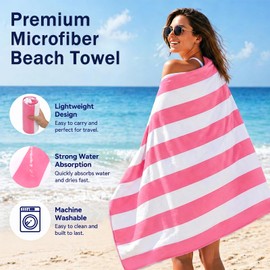 Hopton Large Microfibre Beach Towels For Adults Men Women,160 X 90cm Pink Stripe Quick Dry Beach Towel,Sand Free Water-Absorbent Lightweight Beach Towel for Swimming,Travel,Gym,Camping