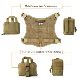Tactical Service Dog Harness, Dog Training Vest Pet Harness with Molle Pouches and Bottle Holder-TAN-M