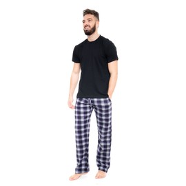 Mens Short Sleeve Pyjamas Set Cotton Rich Top Brushed Fleece Bottoms Top Pants PJ Pajamas Loungewear/Nightwear Gift (Black - Large)