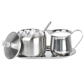 Sugar and Creamer Set, Coffee Serving Set, Stainless Steel Latte Milk Cup Cream Jug and Sugar Bowl with Lid and Spoon Tray Server for Coffee Tea Pepper Spices