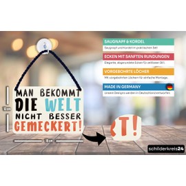 schilderkreis24 Tin Sign 18 x 12 cm - "Man bekommt die Welt nicht besser gemeckert!" - Humorous Wall Decoration for Office, Kitchen & Party Room