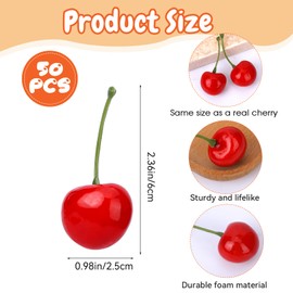 Styquenzer 50 Pcs Artificial Red Cherries, Simulation Cherry Artificial Cherry Decorations Fake Fruit Model for Party Home Kitchen Dining Decoration