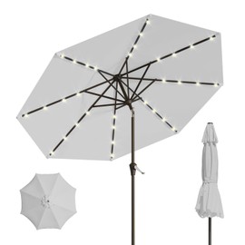 Patio Kingdom 10FT Solar Umbrella 32 LED Lighted Patio Umbrella Table Market Umbrella w/Tilt and Crank, UV-Resistant Outdoor Umbrella for Pool, Garden, Deck, Light Gray