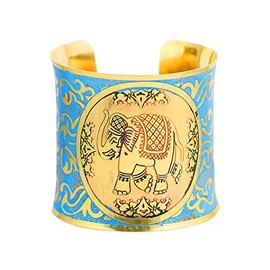 Touchstone Indian Bollywood Desire Brass Base Beautifully Rich Indian Ethnic Elephant Motif Fabulous Meenakari Enamel Thick Wrist Enhancer Designer Jewelry Cuff Bracelet in Gold Tone for Women.