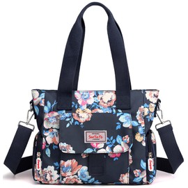 Kecartu Tote Bags for Women, Water Resistant Nylon Crossbody Purse, Large Top Handle Shoulder Handbags, Floral Utility Tote Bags with Zipper&Multi Pockets for Work Travel Shopping, Camellia