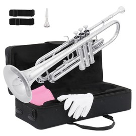 Ktaxon Ktaxon Bb Standard Trumpet for Beginners,Trumpet for Student with Hard Case,7C Mouthpiece,Cleaning Cloth,Gloves,Brass Instruments for Kids and Adults(Silver)