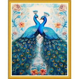 Magxvouy Cross Stitch Kits Stamped Full Range of Embroidery Kits,Cross Stitch Patterns Needlework Kits for Beginners 11CT Printed Kits&Blue Peafowl 16x20 inch