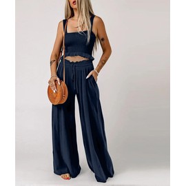 DEAHEZEN Sleeveless jumpsuit jumpers rompers for women 2024 BOHO outfit stretch wide leg (Blue, XL)