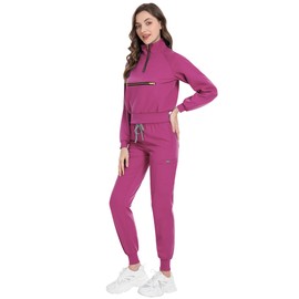Scrubspro Scrub for Women Set-Long Sleeve Scrub Top with Zipper & Jogger Pants Medical Uniform Suit (Hot Pink,XL)
