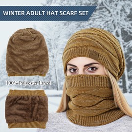 PESAAT Men Women Winter Hat Scarf Set Fleece Lined Beanie Neck Warmer Winter Knitted Hats for Men (Caramel Hat Scarf)