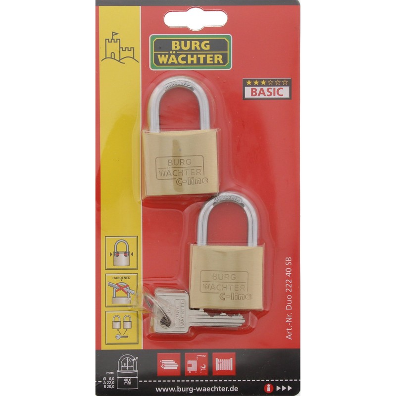 Burg-Wachter Burg-Wächter Duo 222 40 SB Padlock Set, Brass, Bügelstärke:
