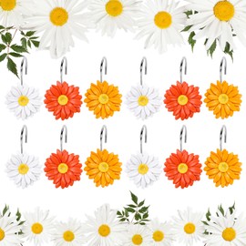 Whaline 12Pcs Daisy Flower Shower Curtain Hooks Floral Shower Curtain Rings Decorative Resin Curtain Hanger Hooks for Spring Summer Living Room Bedroom Bathroom Decor