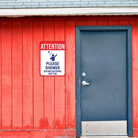 Portrait Round Plus Attention Please Shower Before Entering Hot Tub Wall or Door Sign | Indoor Gym & Home Signage - Small