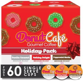 Donut Cafe Holiday Pack (Holiday Delight, Pmint Mocha, VanCaramel) 60ct Single Cup